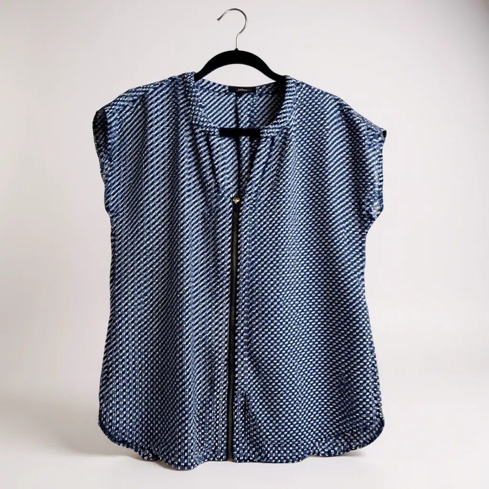 Pleione‎ Blouse Geometric Zip Front Blue Cap Sleeve Career Top Small